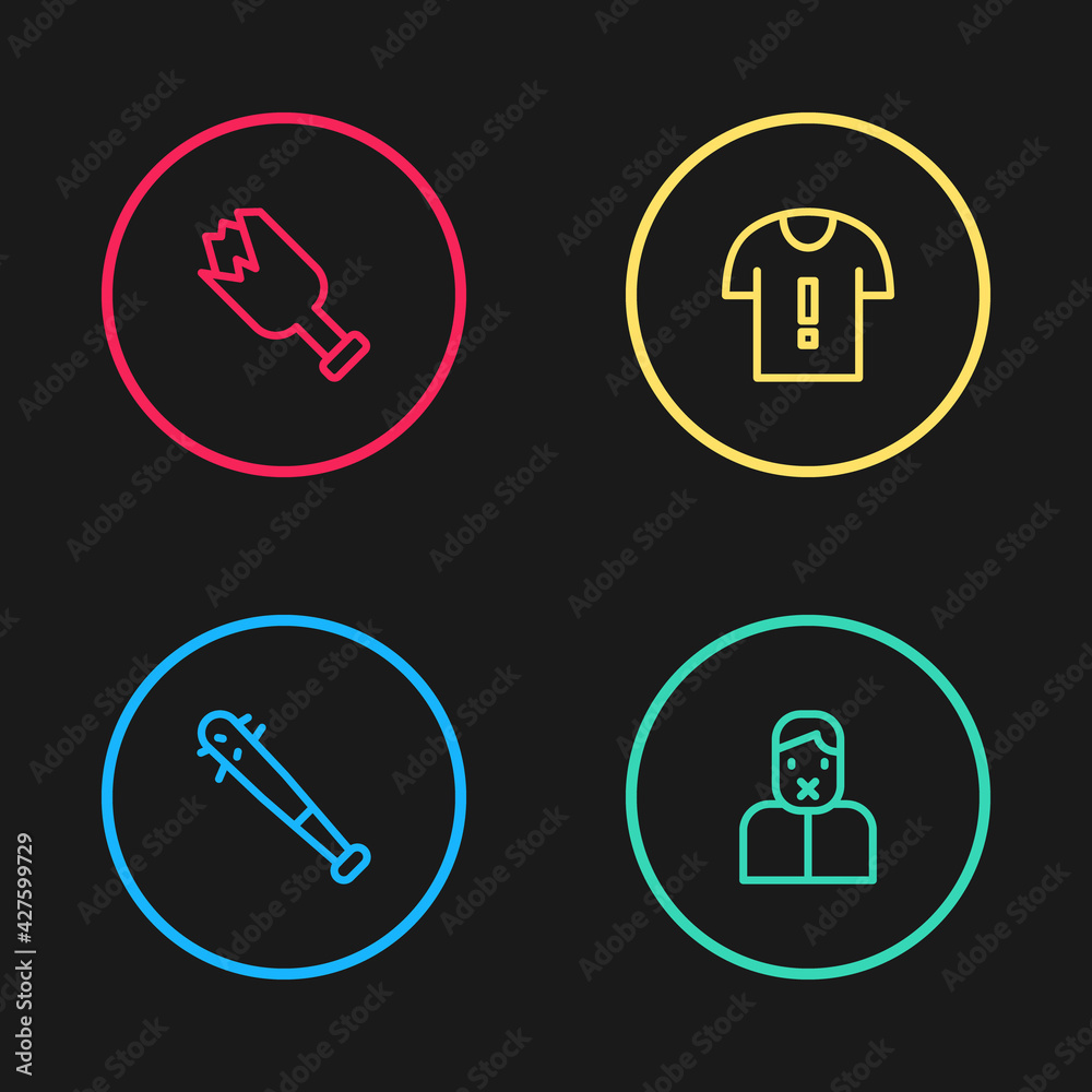 Set line Baseball bat with nails, Censor and freedom of speech, T-shirt protest and Broken bottle weapon icon. Vector Set line Baseball bat with nails, Censor and freedom of speech, T-shirt protest and Broken bottle weapon icon. Vector
