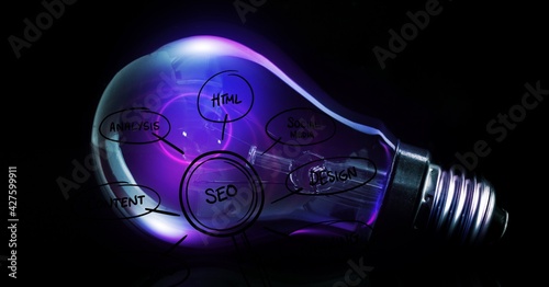Light bulb and seo graph over black background, search engine optimization concept