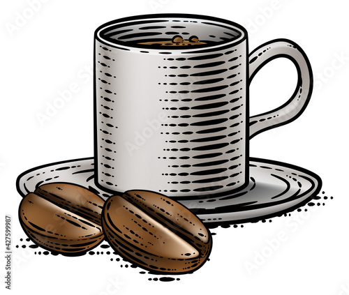 Coffee Beans And Cup Vintage Woodcut Illustration