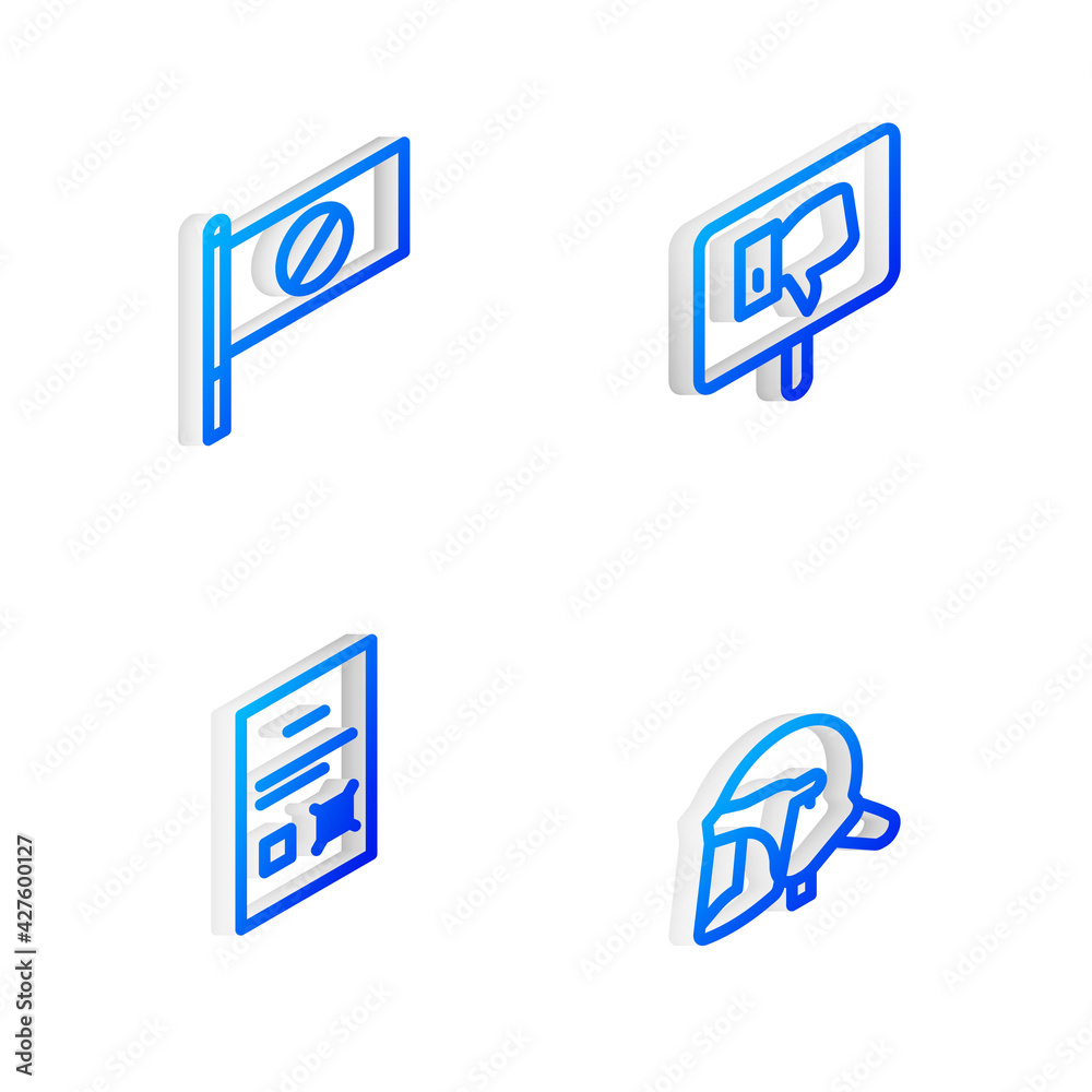 Set Isometric line Protest, , Poll document and Police helmet icon. Vector Set Isometric line Protest, , Poll document and Police helmet icon. Vector