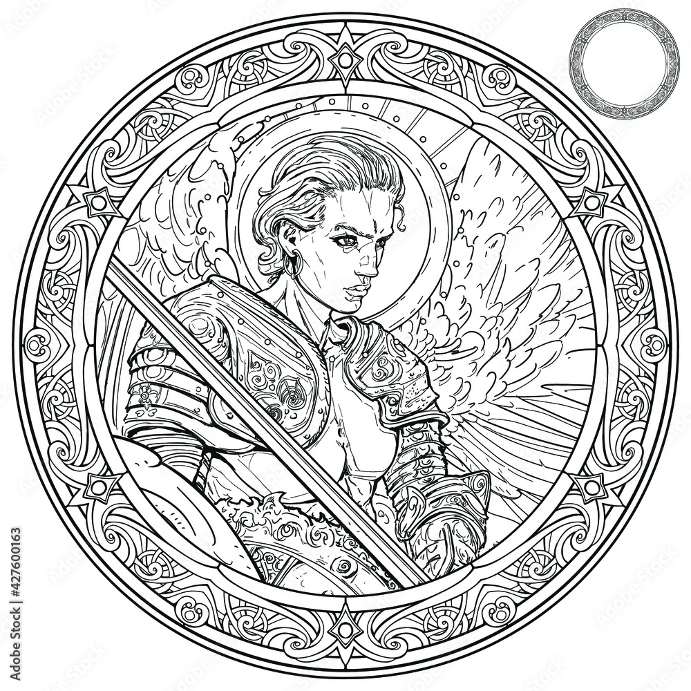 Coloring page for adults. Handsome warrior angel with an open muscular torso in a plate shoulder ...