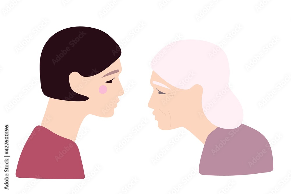 Elderly woman with gray hair and wrinkles and her adult daughter. Flat vector illuctration. Caucasian Portraits in profile. Family, generation and people concept. Young girl and her old mother.