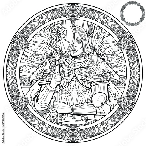 coloring book for adults. A beautiful squire girl in plate armor with angel wings prays with a sharp sword in her hands that is entangled with roses. 2d illustration