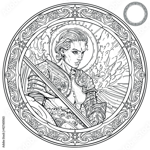 Coloring page for adults. Handsome warrior angel with an open muscular torso in a plate shoulder with a sword and shield looks menacingly in front of him, 2D illustration 