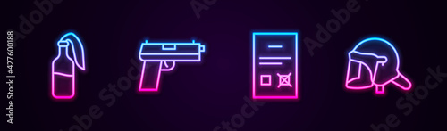 Set line Cocktail molotov, Pistol or gun, Poll document and Police helmet. Glowing neon icon. Vector