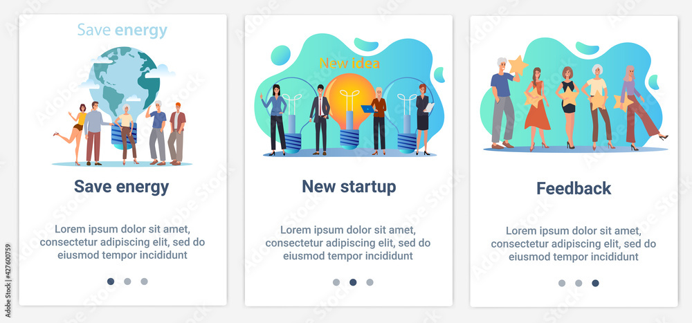 Modern flat illustrations in the form of a slider for web design. A set of UI and UX interfaces for the user interface.The topic is Energy conservation, a new startup and feedback.