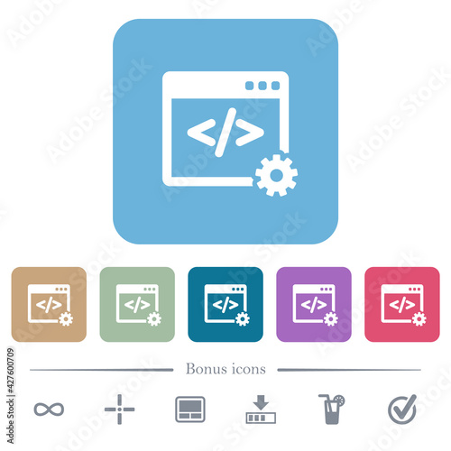 Web development flat icons on color rounded square backgrounds