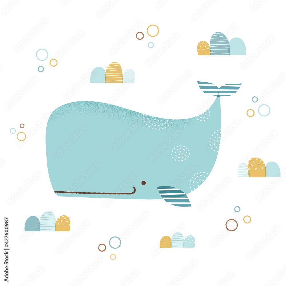 Vector illustration of cute whale. Cartoon style whale with whimsical ...