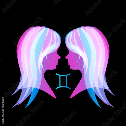 Gemini zodiac sign neon on black background, horoscope. Stock vector illustration. 