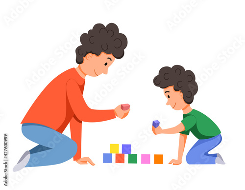 Characters for Fatheres Day. Father and son play together with dice, build a castle.