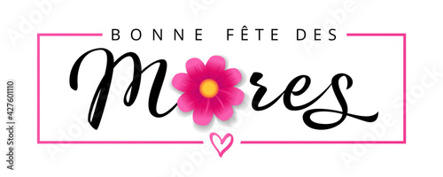 Bonne fete des Meres French text for Mothers Day, flower and calligraphy banner. Elegant quote for web poster, with Mother's Day Frenchy lettering and flower in pink frame. Vector illustration