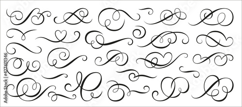 Calligraphic swirl ornament, line style flourishes set. Filigree vignette ornamental curls. Decorative design elements for menu, certificate, diploma, wedding card, invatation, outline text divider