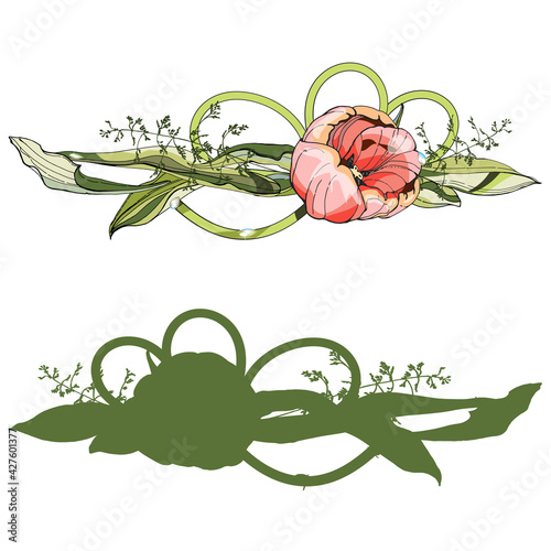 Pink tulips, stylization of a watercolor drawing. In a black outline. A naturalistic image.Decoration, sticker, print on dishes and fabrics.For a holiday, postcard, banner.Wedding, mother's Day.Love