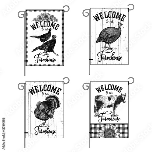 Welcome to our farmhouse. Farm flags set. Pheasants, guinea fowl, turkey, cow. Vector.