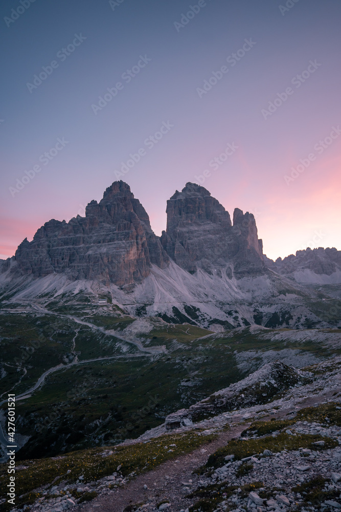 Tre Cime di Laveredo, three spectacular mountain peaks in Tre Cime di Lavaredo National Park, Sesto Dolomites, South Tyrol, Italy
