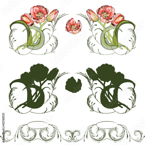 Pink tulips, stylization of a watercolor drawing. In a black outline. A naturalistic image.Decoration, sticker, print on dishes and fabrics.For a holiday, postcard, banner.Wedding, mother's Day.Love