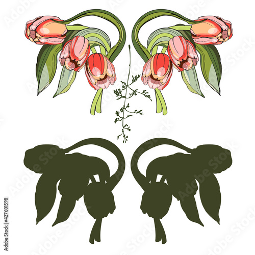 Pink tulips, stylization of a watercolor drawing. In a black outline. A naturalistic image.Decoration, sticker, print on dishes and fabrics.For a holiday, postcard, banner.Wedding, mother's Day.Love