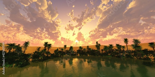 Fototapeta Naklejka Na Ścianę i Meble -  Beach with palm trees at sunset, palm trees over water, oasis with palm trees, 3D rendering