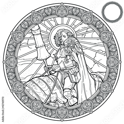 A linear drawing of a female knight with plate armor with a huge lance and curly hair, around her head a halo of light with rays in all directions. 2d illustration