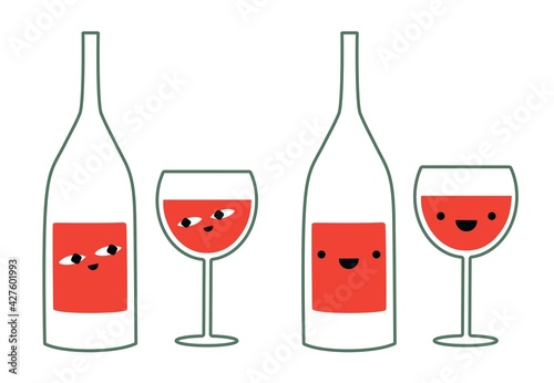 Vector illustration with wine bottles and glasses with faces. Funny print set, home decoration poster designs.