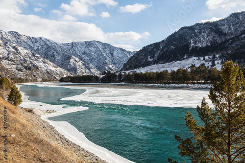 View on the Katun river flows among the Altai Mountains in winter on a sunny day . Altai Republic, Russia