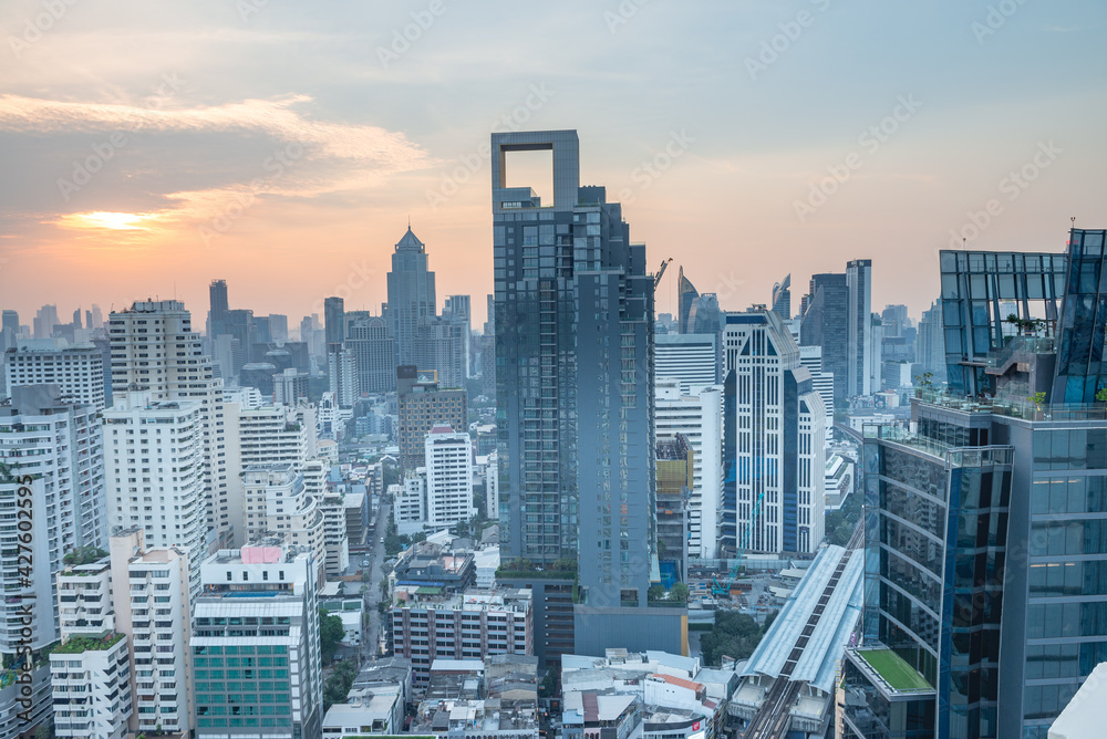 Bangkok Cityscape Business Administrative center view from rooftop during sunset. Picture taken on Feb 28, 2021        
