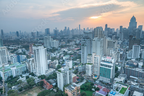 Bangkok Cityscape Business Administrative center view from rooftop during sunset. Picture taken on Feb 28, 2021 