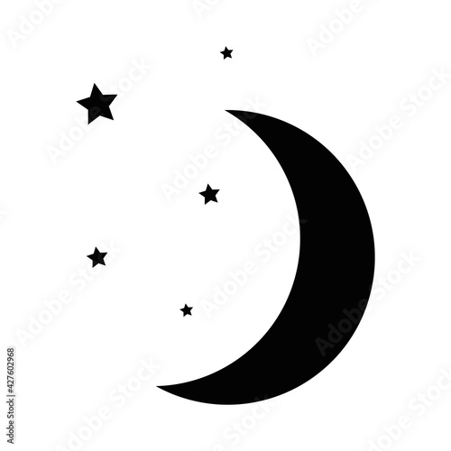 Moon icon. Black moon and stars in flat design. Symbol of night isolated