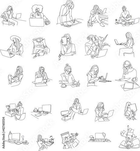 Continuous One Line Drawing of Woman with Laptop. One Line Illustration. Set Businesswoman Line Abstract Portrait. Minimalist Contour Drawing.