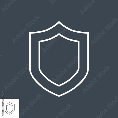 Shield related vector thin line icon. Isolated on black background. Editable stroke. Vector illustration.