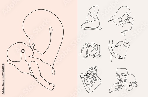 Pregnant woman one line drawing on white isolated background. Vector illustration