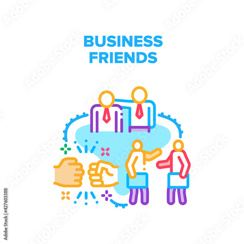 Business Friends Vector Icon Concept. Business Friends Colleagues Working Together In Company And Greeting With Special Handshake. Businesspeople Friendship And Communication Color Illustration