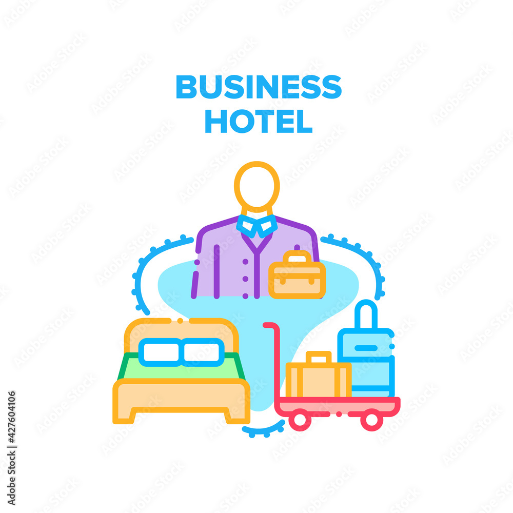 Business Hotel Vector Icon Concept. Businessman Traveling With Baggage Staying In Business Hotel At Night. Traveler Motel Guest Walking In Lobby With Luggage On Cart Color Illustration Business Hotel Vector Icon Concept. Businessman Traveling With Baggage Staying In Business Hotel At Night. Traveler Motel Guest Walking In Lobby With Luggage On Cart Color Illustration