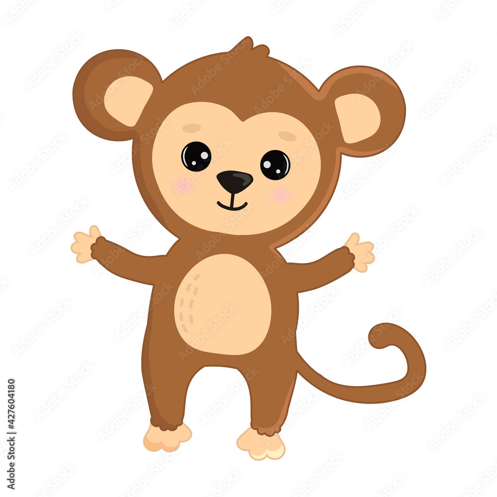 Illustration with monkey. Isolated on white background. For books, children's books, books about animals, stickers, magazines, design, factories, business Illustration with monkey. Isolated on white background. For books, children's books, books about animals, stickers, magazines, design, factories, business
