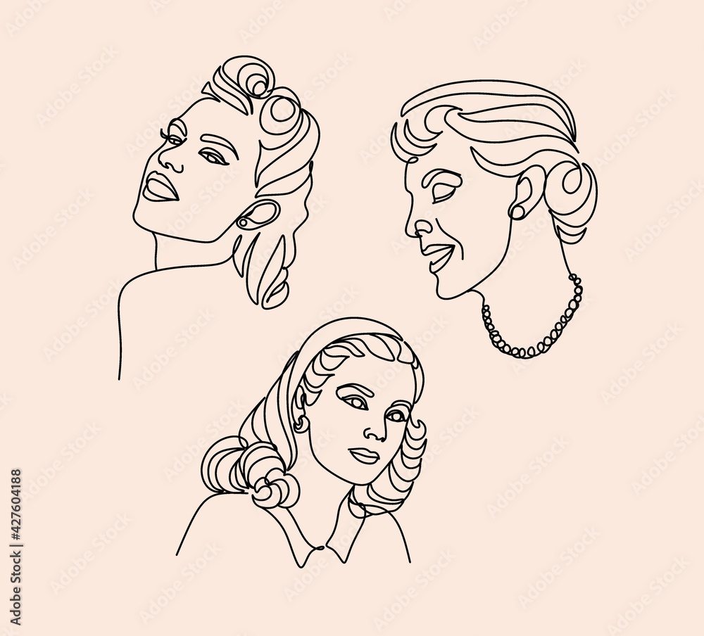 Continuous line, drawing of set faces and hairstyle, fashion concept, woman beauty minimalist, vector illustration for t-shirt, slogan design print graphics style Continuous line, drawing of set faces and hairstyle, fashion concept, woman beauty minimalist, vector illustration for t-shirt, slogan design print graphics style