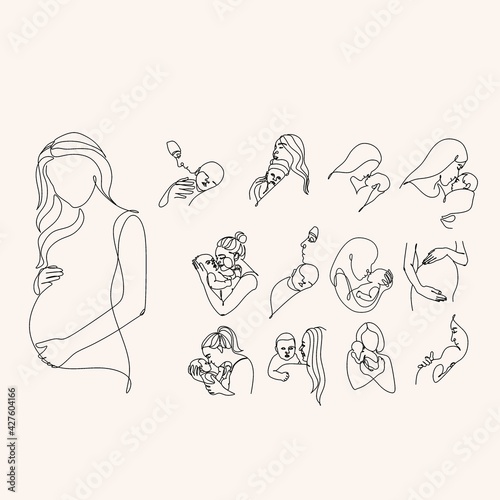 Pregnant woman one line drawing on white isolated background. Vector illustration