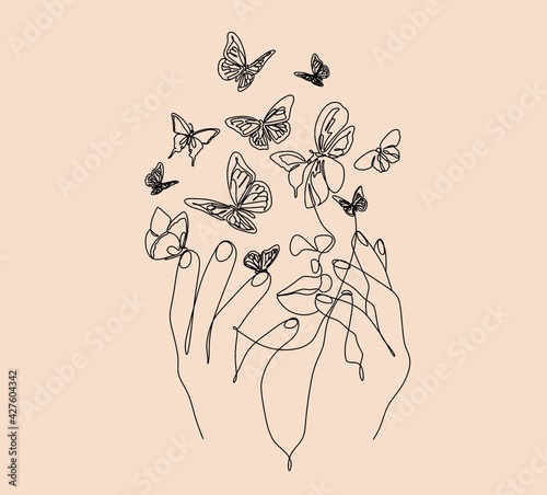 Abstract face with butterfly by one line drawing. Portrait minimalistic style. Botanical print. Nature symbol of cosmetics. Modern continuous line art. Fashion print. Beaty salon art Canvas Print