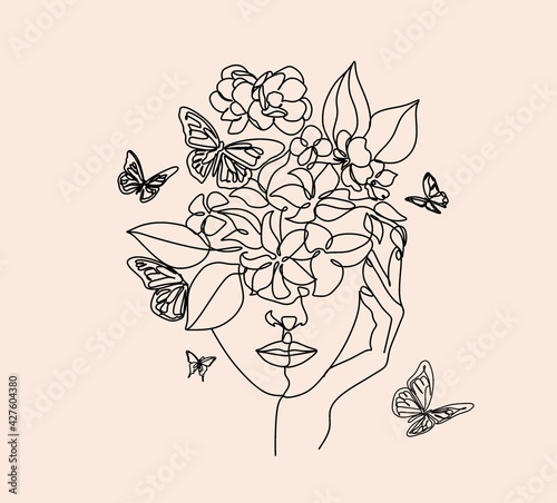 Abstract face with butterfly by one line drawing. Portrait minimalistic style. Botanical print. Nature symbol of cosmetics. Modern continuous line art. Fashion print. Beaty salon art Canvas Print