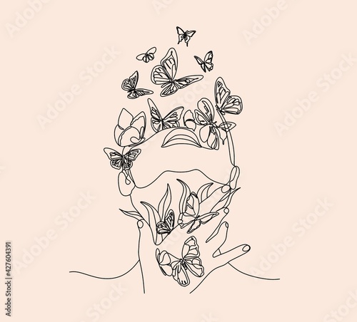 Canvas Print Abstract face with butterfly by one line drawing