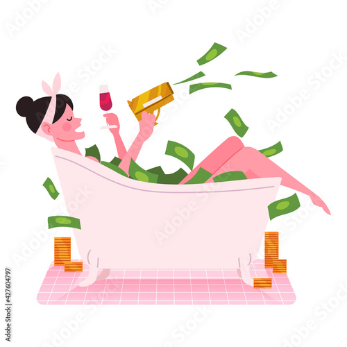 A woman enjoying a bath in a bathtub full of money. Rich concept vector illustration.