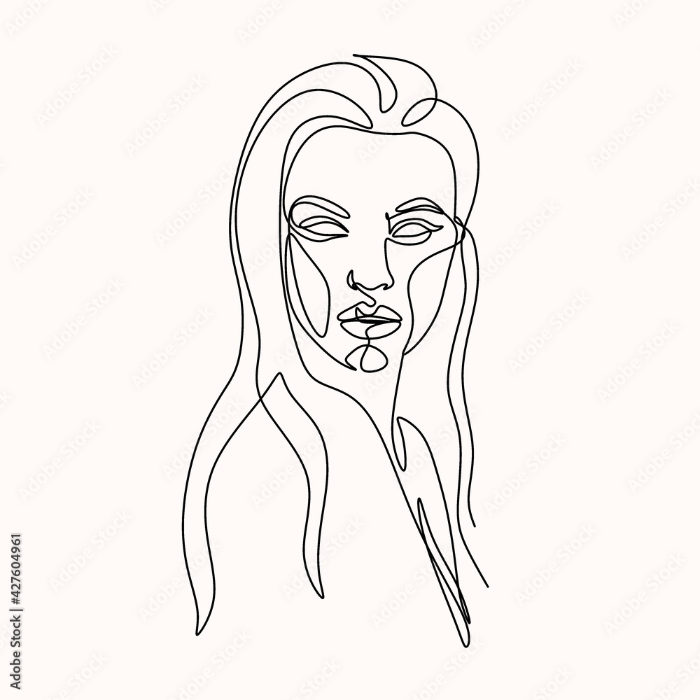Abstract portrait of young pretty woman. Continuous one line drawing isolated on white. Vector illustration in simple modern style. Abstract portrait of young pretty woman. Continuous one line drawing isolated on white. Vector illustration in simple modern style.