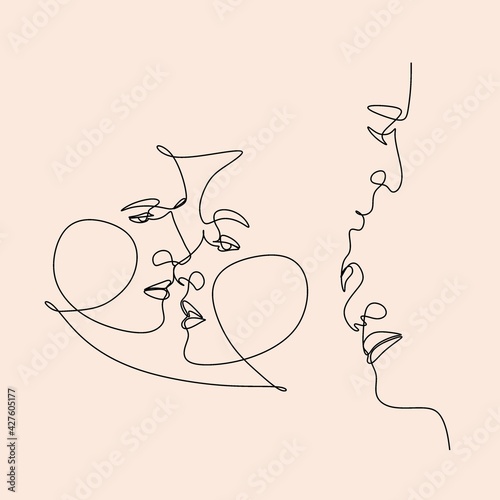 Continuous drawing of lovers kissing. Valentine's Day, wedding invitations, other project. Man and woman kissing Portrait drawing. Vector illustration.