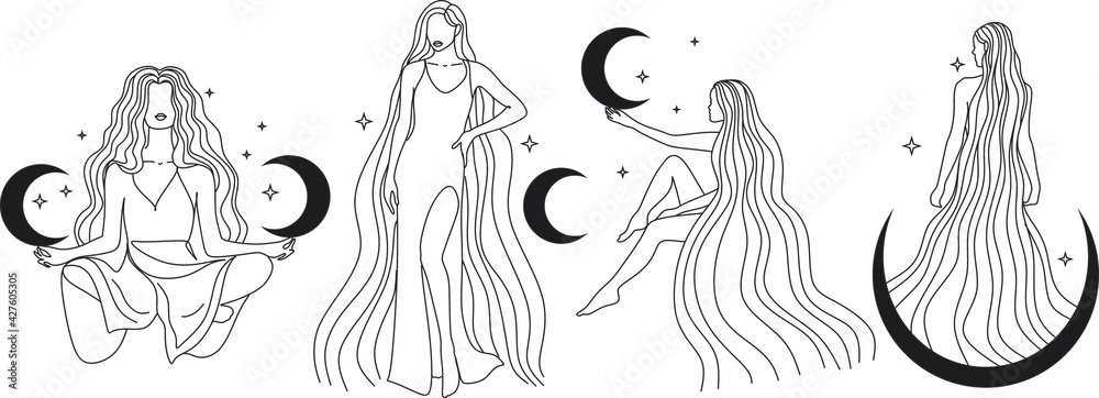 Contour of woman in yoga pose for meditation in mountains with moon and sun. Modern minimalist mystical astrology aesthetic illustration with Motivational quote for poster. Beautiful poster. Contour of woman in yoga pose for meditation in mountains with moon and sun. Modern minimalist mystical astrology aesthetic illustration with Motivational quote for poster. Beautiful poster.