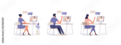 Young people communicate online using a mobile devices. Concept of video call conference, remote working from home or online meeting. Vector illustration. photo