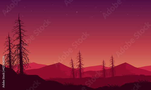 Realistic Mountain View with golden tree silhouettes around it. Vector illustration