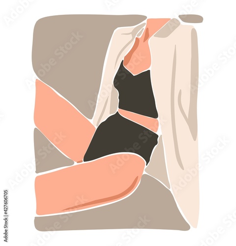 Hand drawn vector abstract flat graphic contemporary aesthetic fashion illustration with bohemian,beautiful portrait of modern female in simple trendy minimal style isolated on pastel background