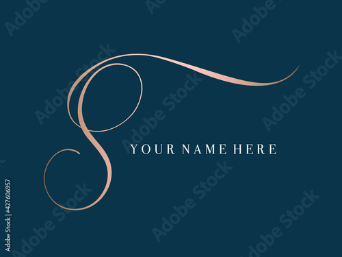 Letter S logo.Decorative creative calligraphic icon isolated on dark fund.Lettering sign for beauty, elegant, luxury brand.Alphabet initial.Swirl element.Character shape.Rose gold color.