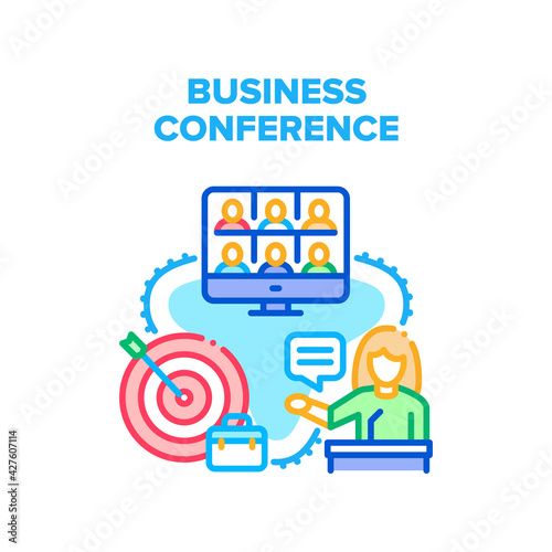 Business Conference Call Vector Icon Concept. Business Conference Call And Discussion With Partner Or Employees Team, Businesspeople Discussion Online Video Conversation Color Illustration