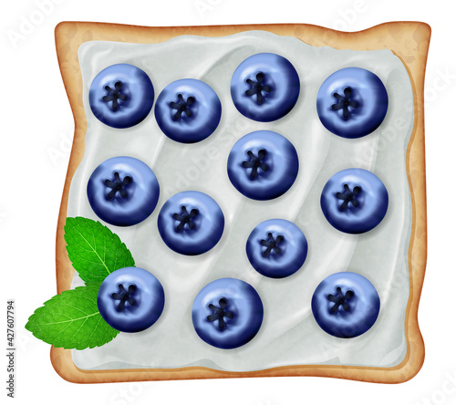 Toast with cream cheese, fresh blueberries and mint leaves isolated on white background. Vector illustration.