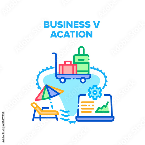Business Vacation Travel Vector Icon Concept. Business Vacation Travel With Luggage On Airport Cart, Resorting On Beach Sunbed Under Umbrella Or Working And Trading Online Laptop Color Illustration